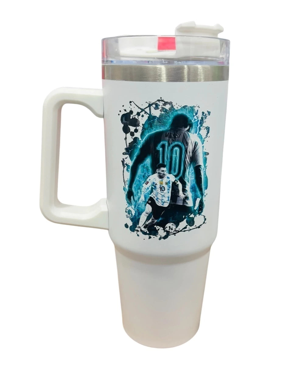 Termo de acero inoxidable Fartmex color blanco, Leonel Messi