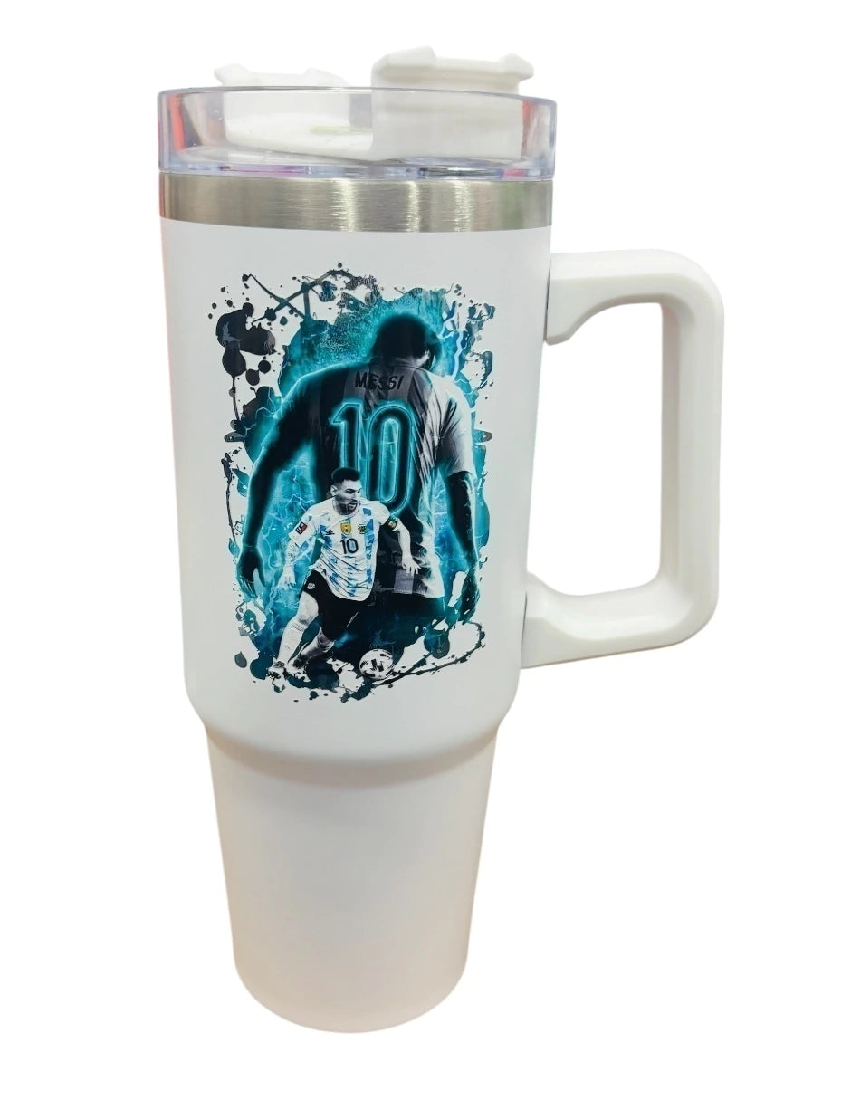 Termo de acero inoxidable Fartmex color blanco, Leonel Messi