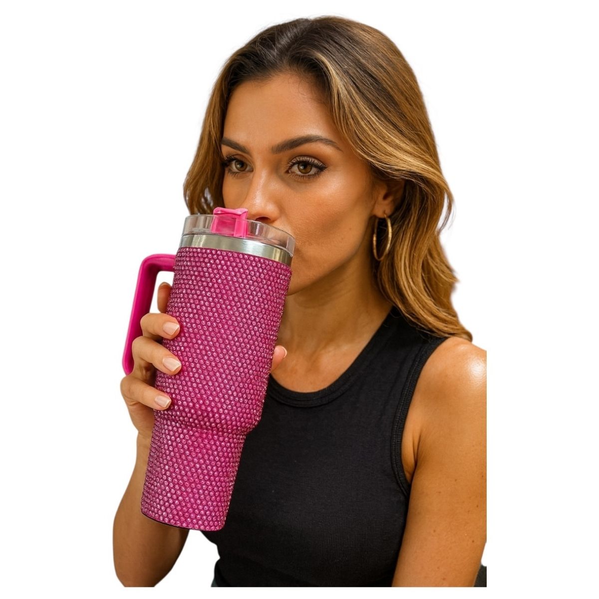 Termo De Acero Inoxidable Macarena Brand Color Rosa Fucsia Brillante Con Cristales