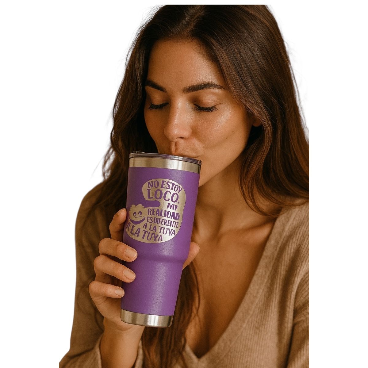 Termo De Acero Inoxidable Macarena Brand Color Morado Gato Risón 887 Mililitros