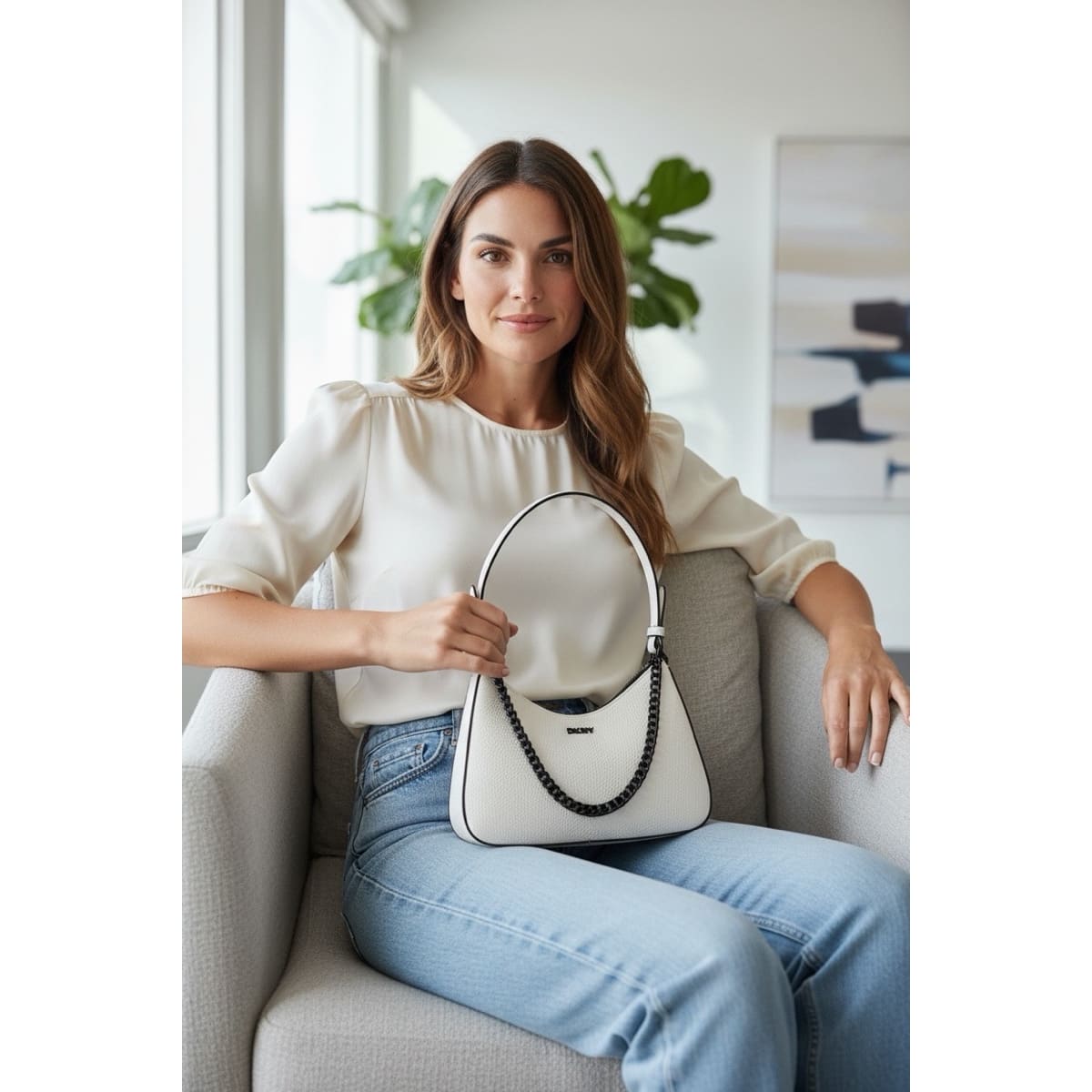 Bolsa Crossbody DKNY Blanca Logo Negro
