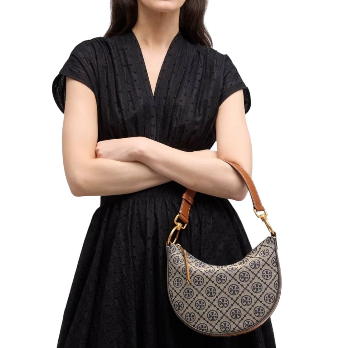 Bolsa Tory Burch Monogram Hobo Jacquard Mini Color Café