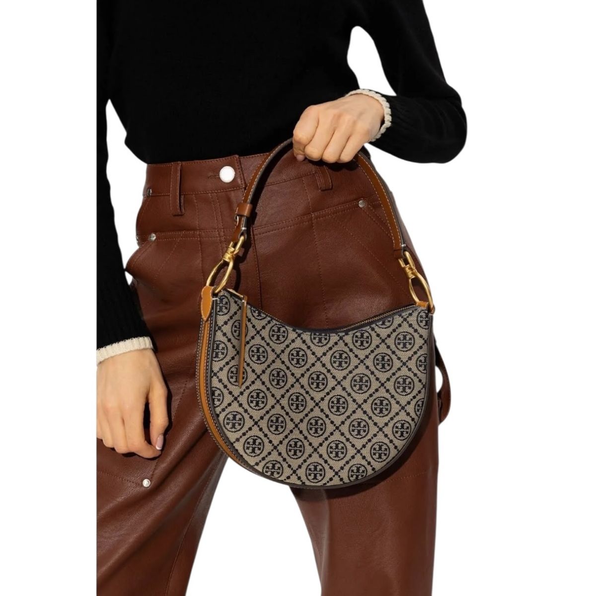 Bolsa Tory Burch Monogram Hobo Jacquard Mini Color Café