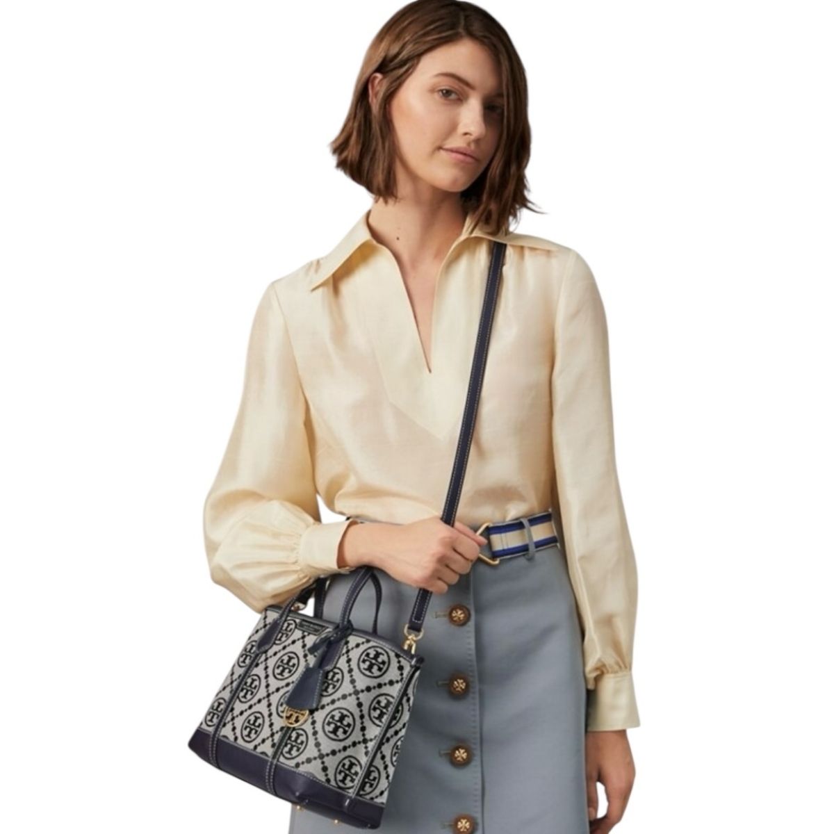 Bolsa Tote Tory Burch Perry Monogram Color Azul Marino