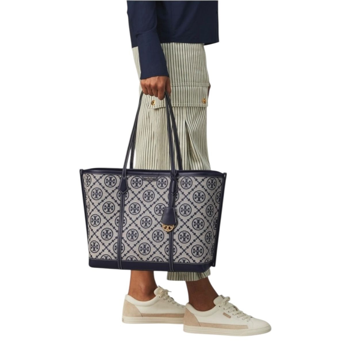 Bolsa Tote Tory Burch Perry Monogram Color Azul Marino
