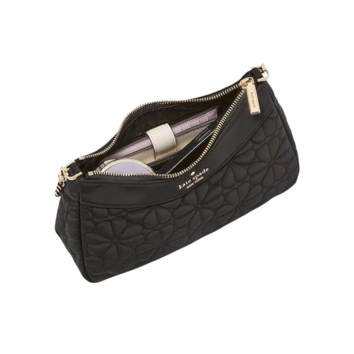Bolsa Crossbody Kate Spade Flower Quilted color negra con asa dorada