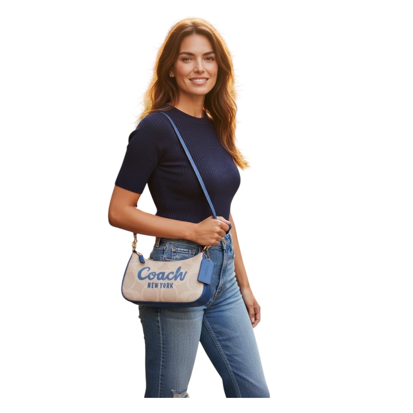 Bolsa Crossbody COACH Teri Color Beige Liso Con Logo Azul