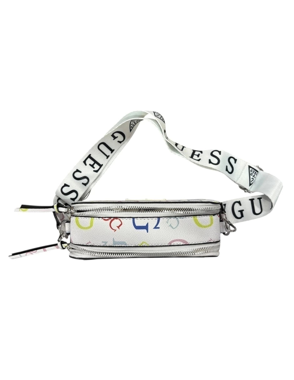 Bolsa chica Crossbody GUESS color blanco con letras de colores