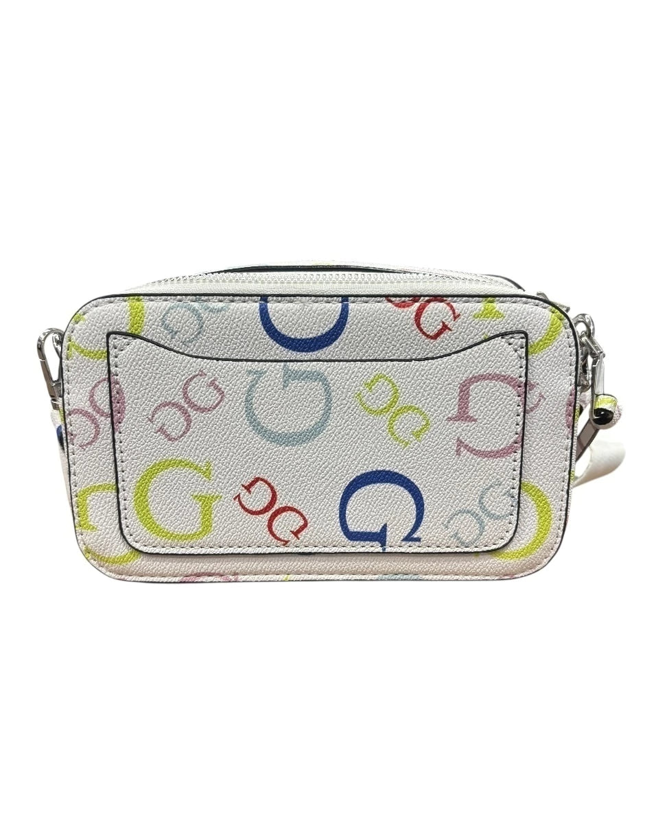 Bolsa chica Crossbody GUESS color blanco con letras de colores