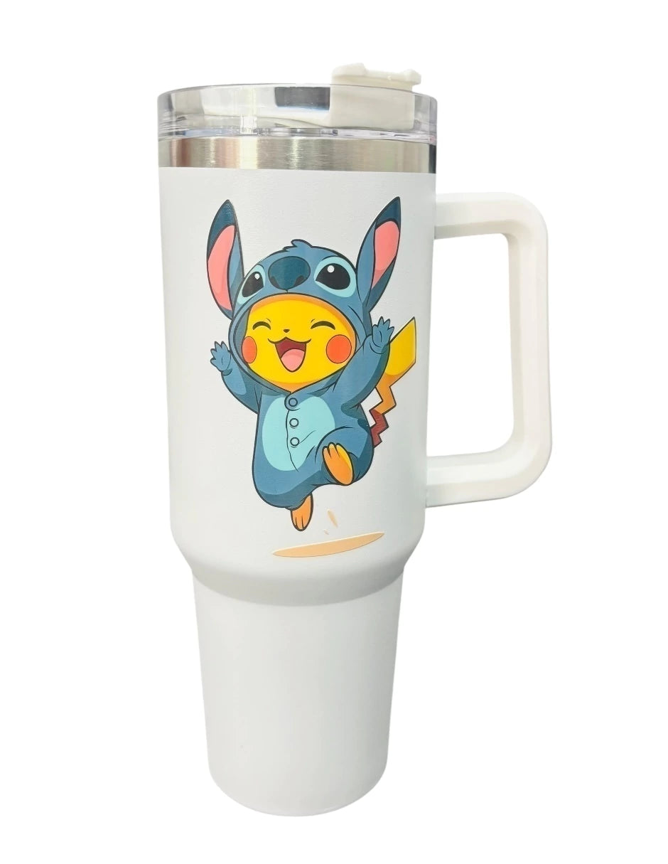 Termo de acero inoxidable color blanco Pikachu
