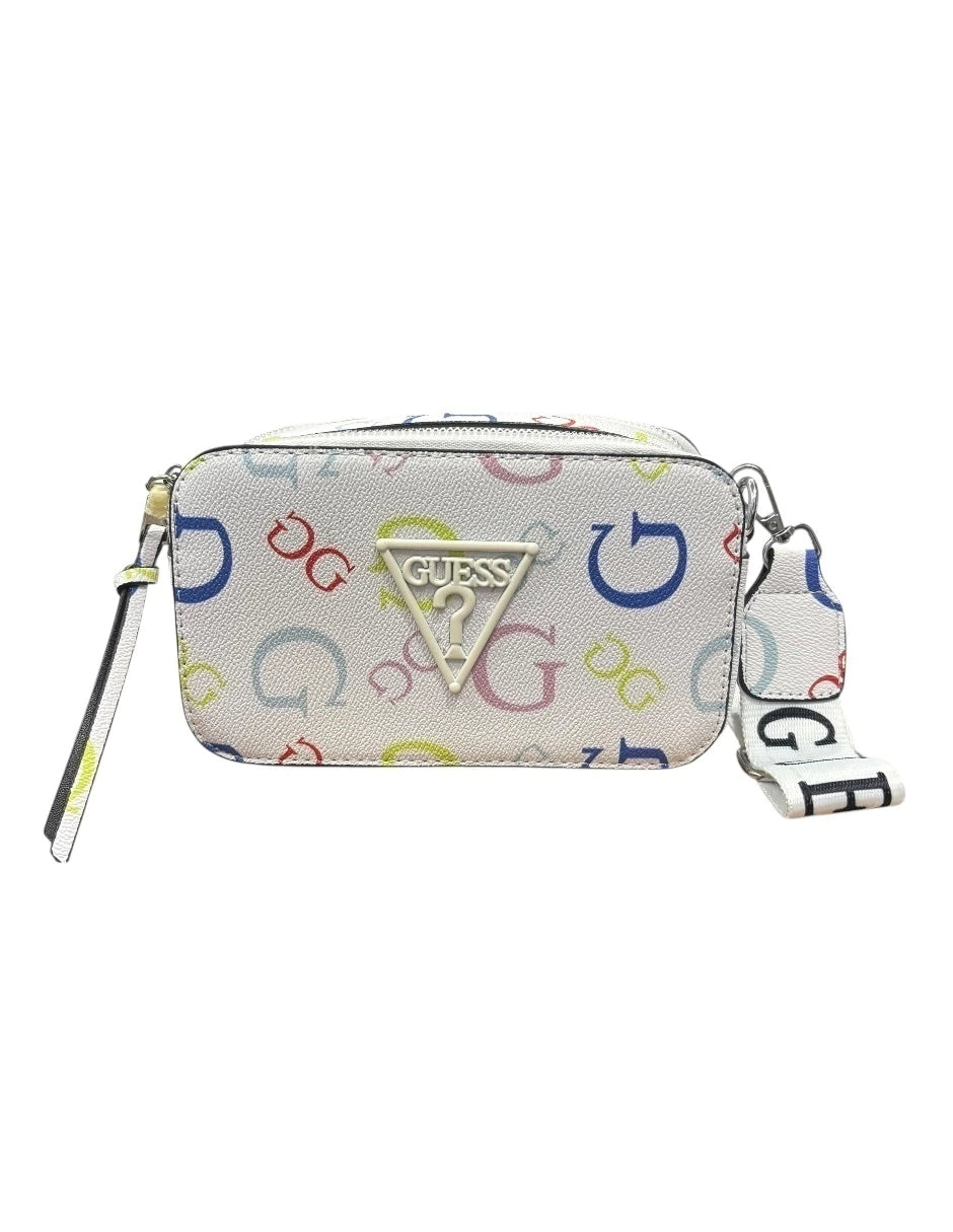 Bolsa chica Crossbody GUESS color blanco con letras de colores