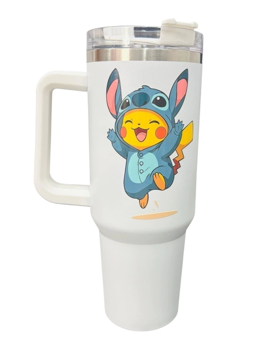 Termo de acero inoxidable color blanco Pikachu