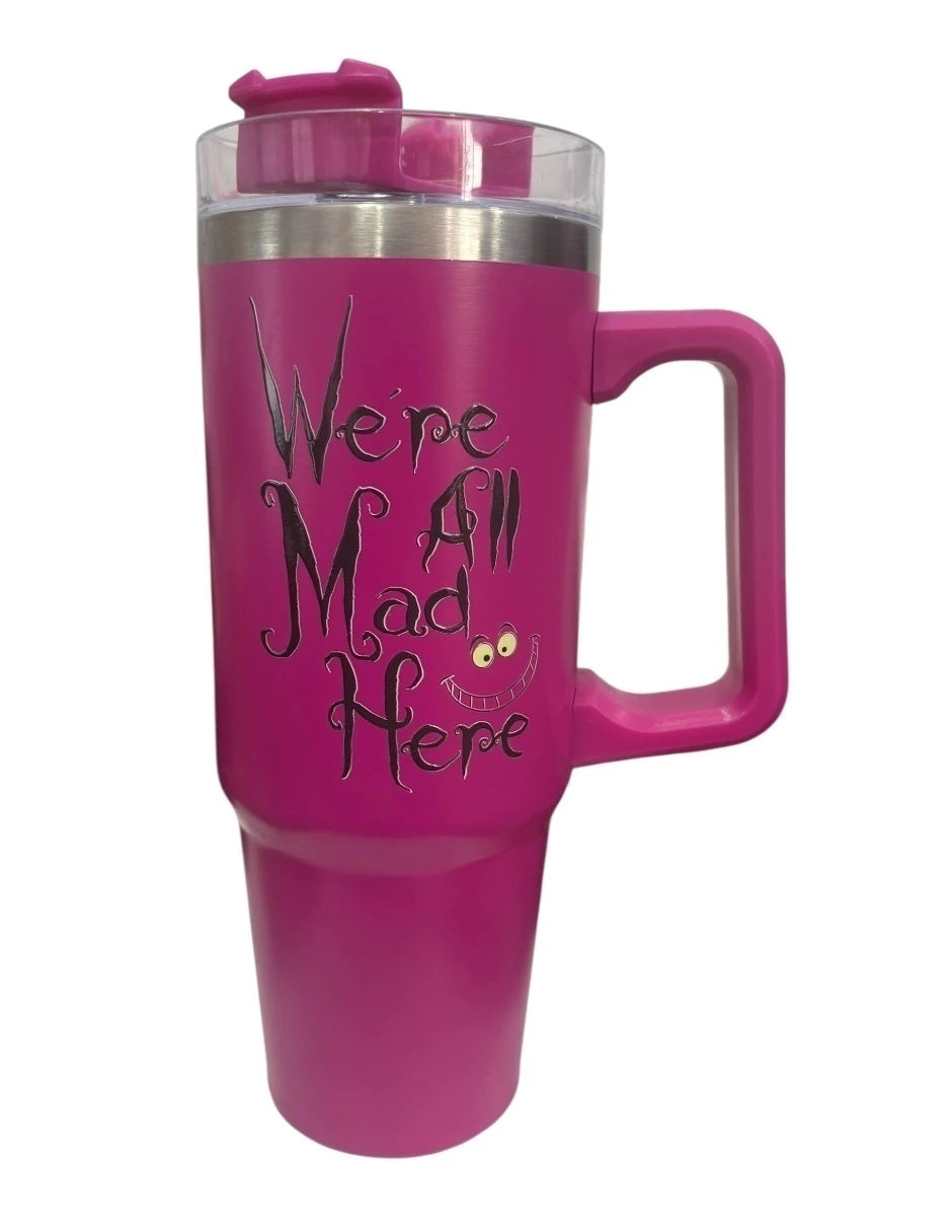 Termo de acero inoxidable color magenta, Gato Risón 30 Oz