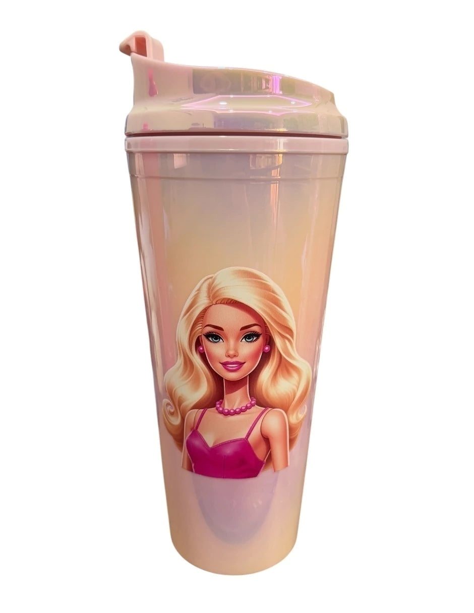 Termo de Acrílico con gliter color rosa tornasol multicolor Barbie