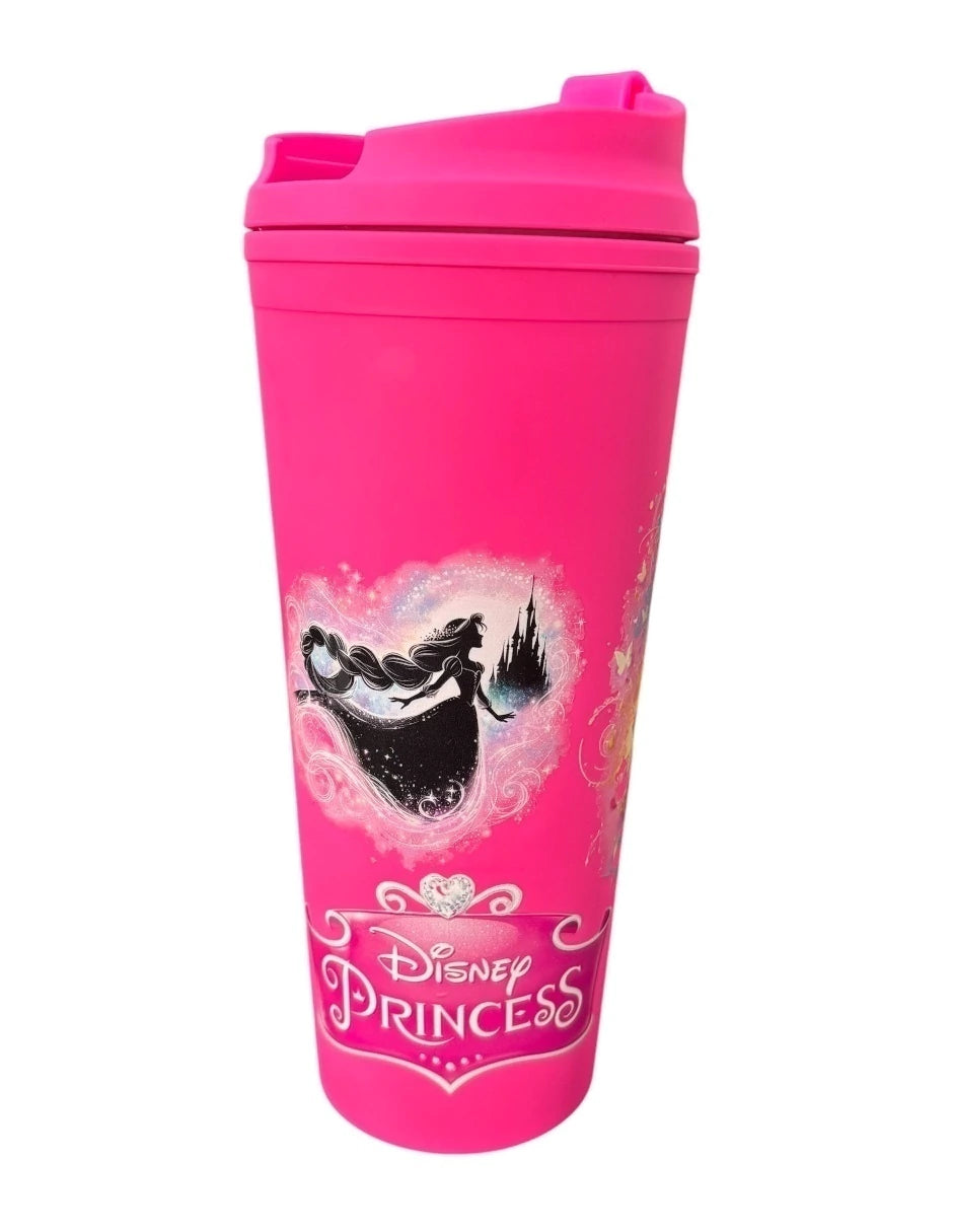 Termo de plástico color fucsia, princesas de disney