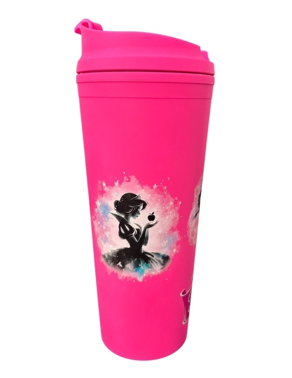 Termo de plástico color fucsia, princesas de disney