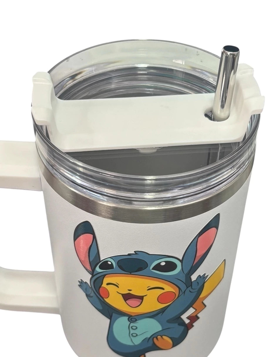 Termo de acero inoxidable color blanco Pikachu