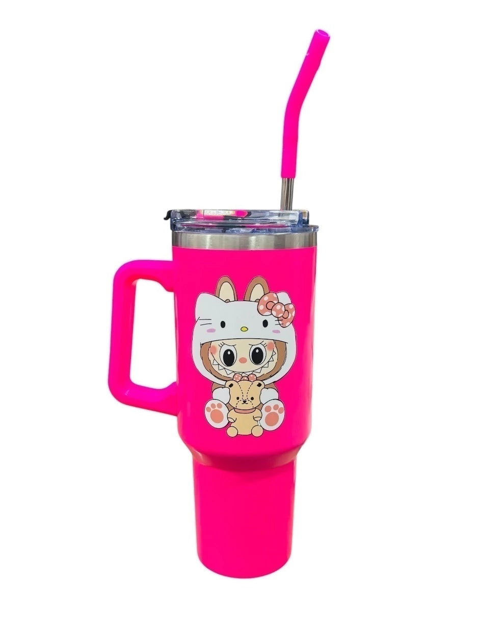 Termo de acero inoxidable Marca EICHH color fucsia Labubu