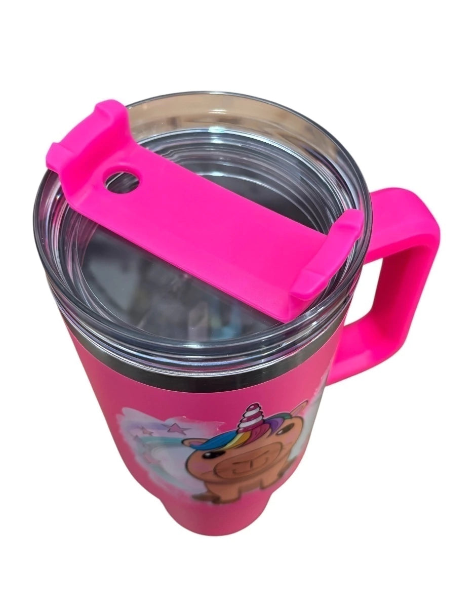 Termo de acero inoxidable Marca Macarena brand color fucsia Capybara