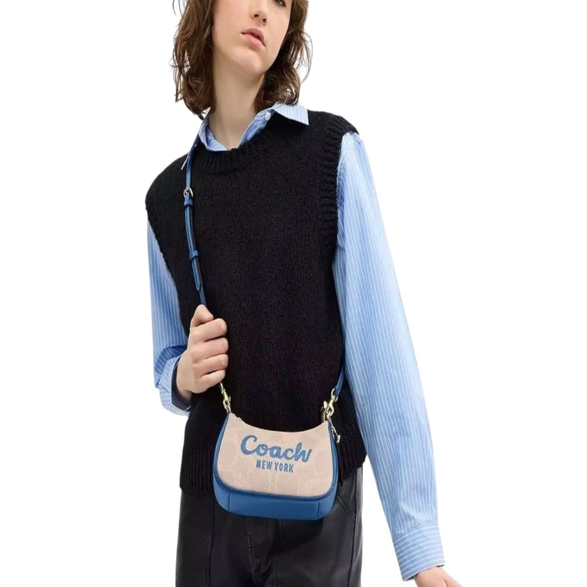 Bolsa Crossbody COACH Teri Color Beige Liso Con Logo Azul