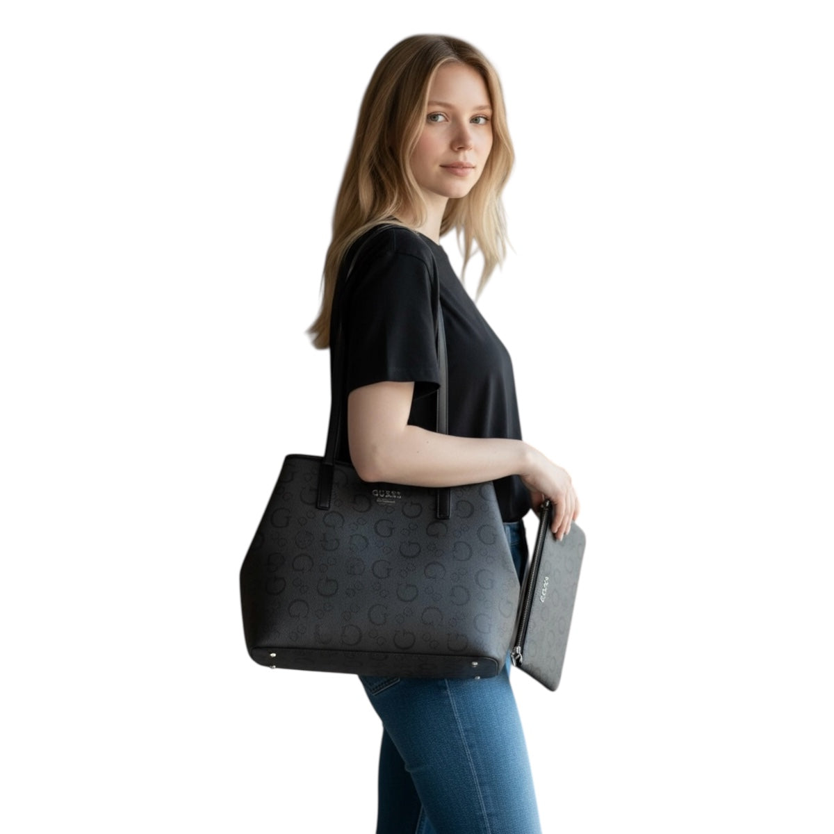 Bolsa de Hombro Guess Gris Mediana con Cosmetiquera