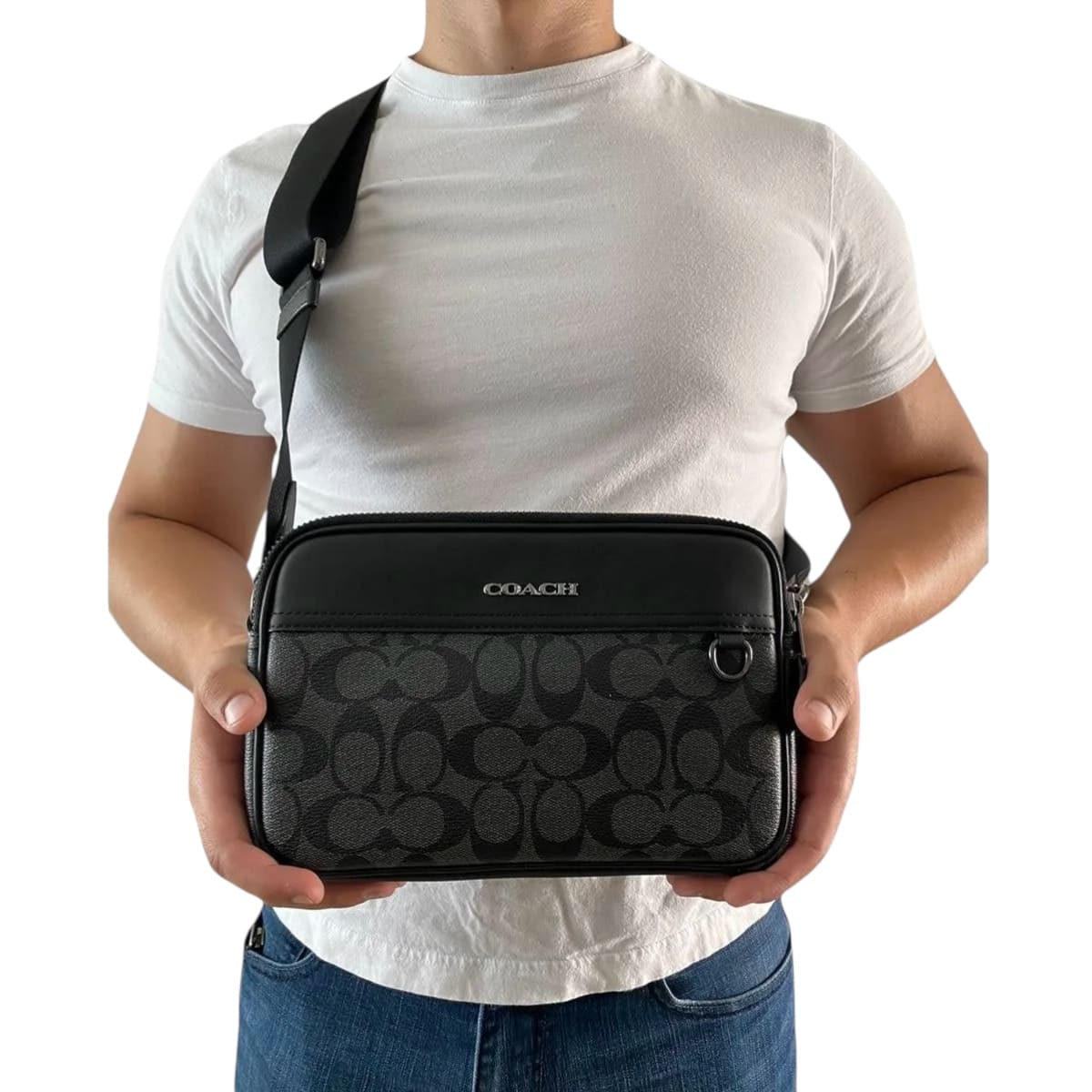 Neceser Coach Hombre Gris Oxford Con Logos Negros
