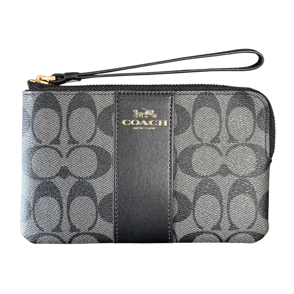 Monedero Coach Corner Zip Gris Con Detalles Negro