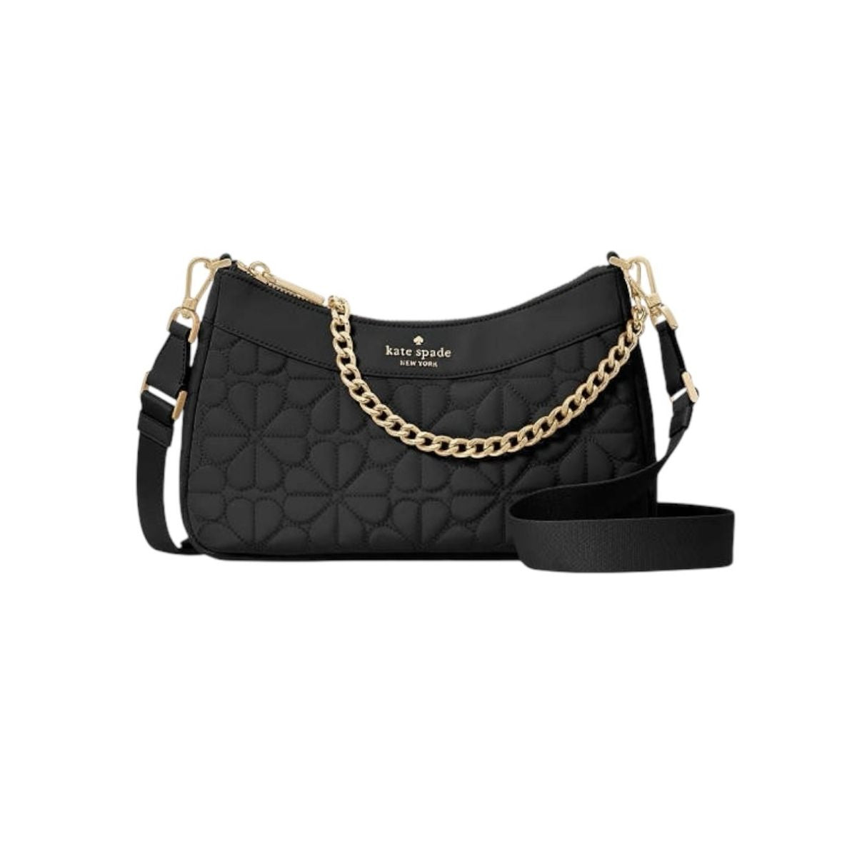 Bolsa Crossbody Kate Spade Flower Quilted color negra con asa dorada