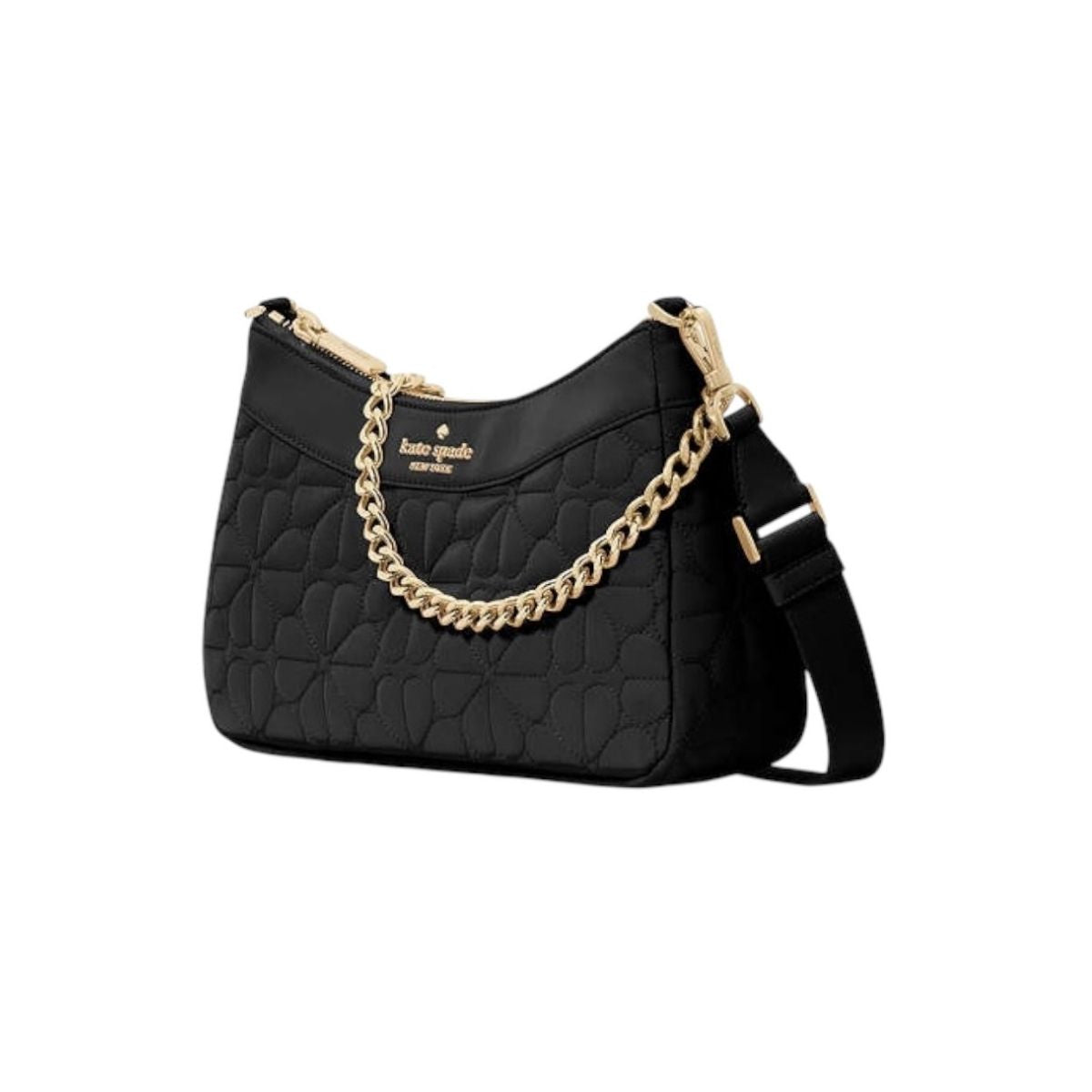 Bolsa Crossbody Kate Spade Flower Quilted color negra con asa dorada
