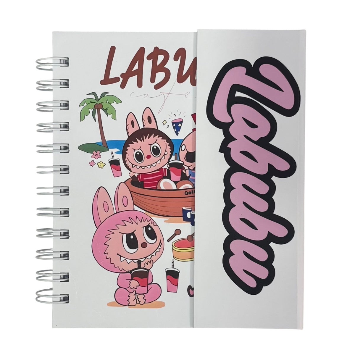 Libreta de tapa dura laminado liso con espiral metálico en la lateral con solapa protectora, Labubu
