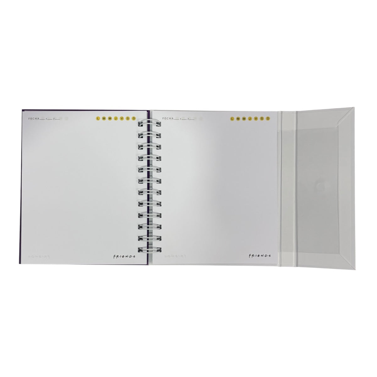 Libreta de tapa dura laminado liso con espiral metálico en la lateral con solapa protectora, Friends