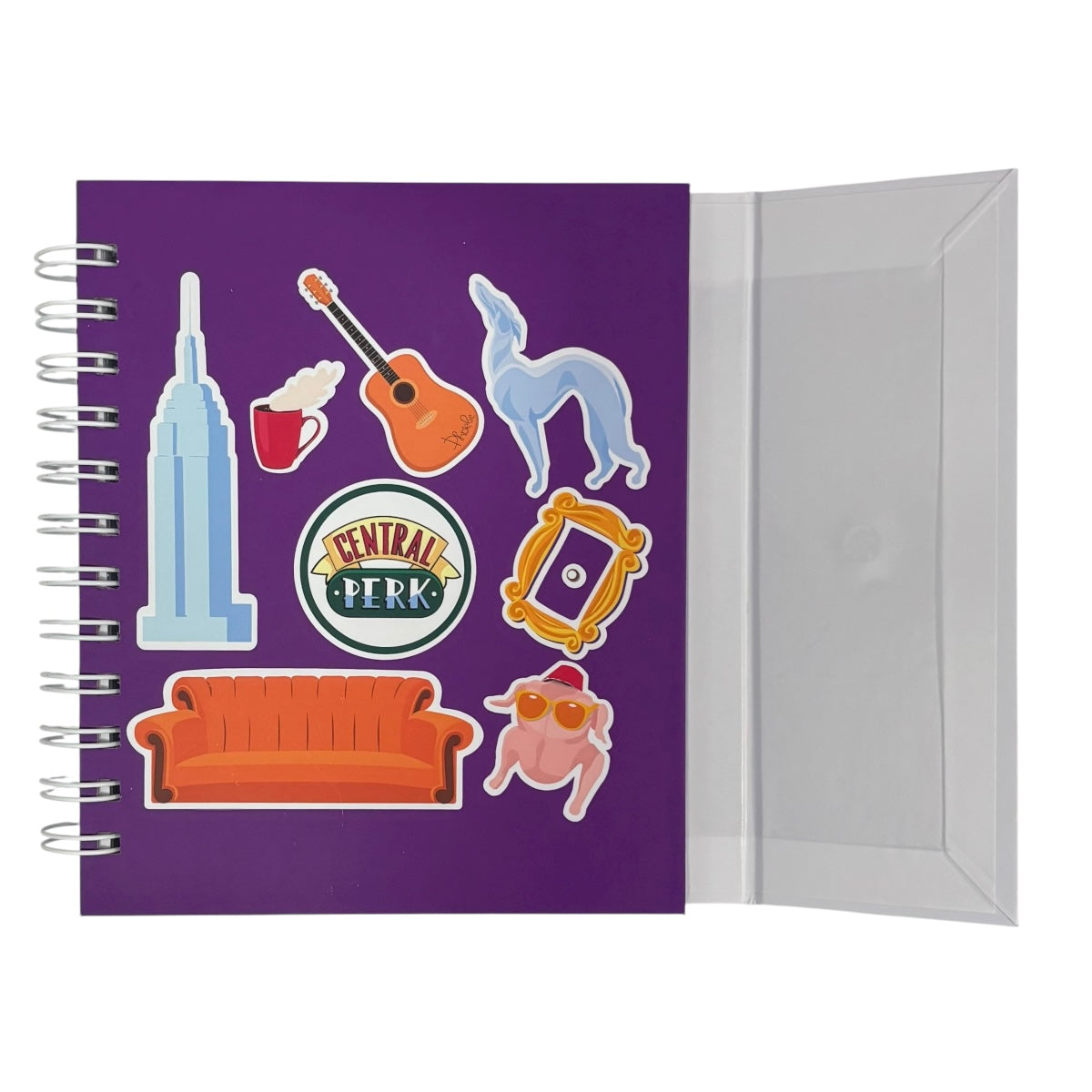 Libreta de tapa dura laminado liso con espiral metálico en la lateral con solapa protectora, Friends