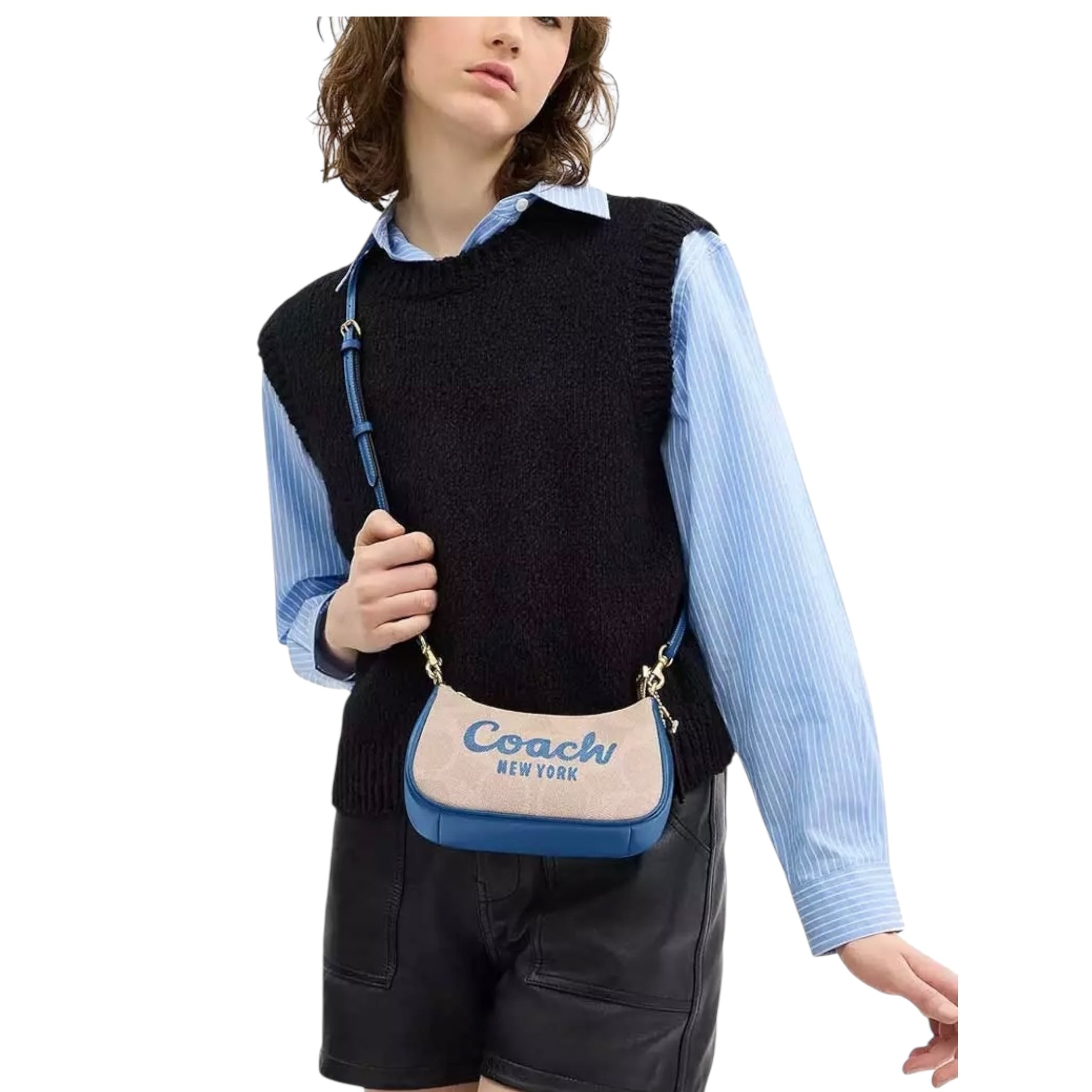 Bolsa Crossbody COACH Teri Color Beige Liso Con Logo Azul