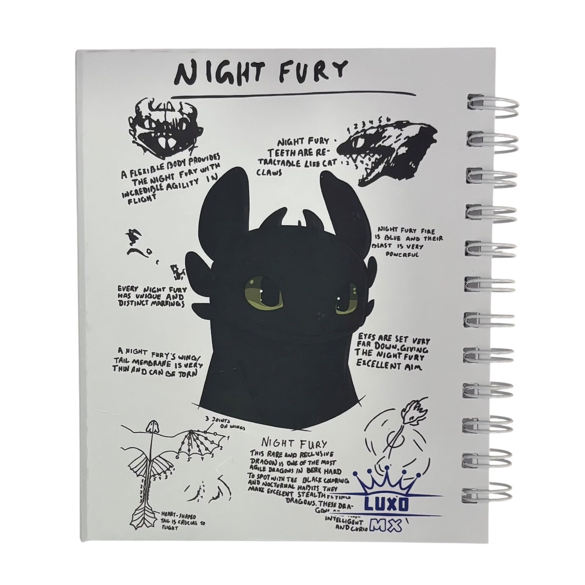 Libreta de tapa dura laminado liso con espiral metálico en la lateral con solapa protectora, Dragón Chimuelo