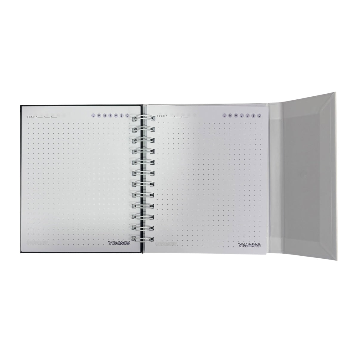 Libreta de tapa dura laminado liso con espiral metálico en la lateral con solapa protectora, Villanas