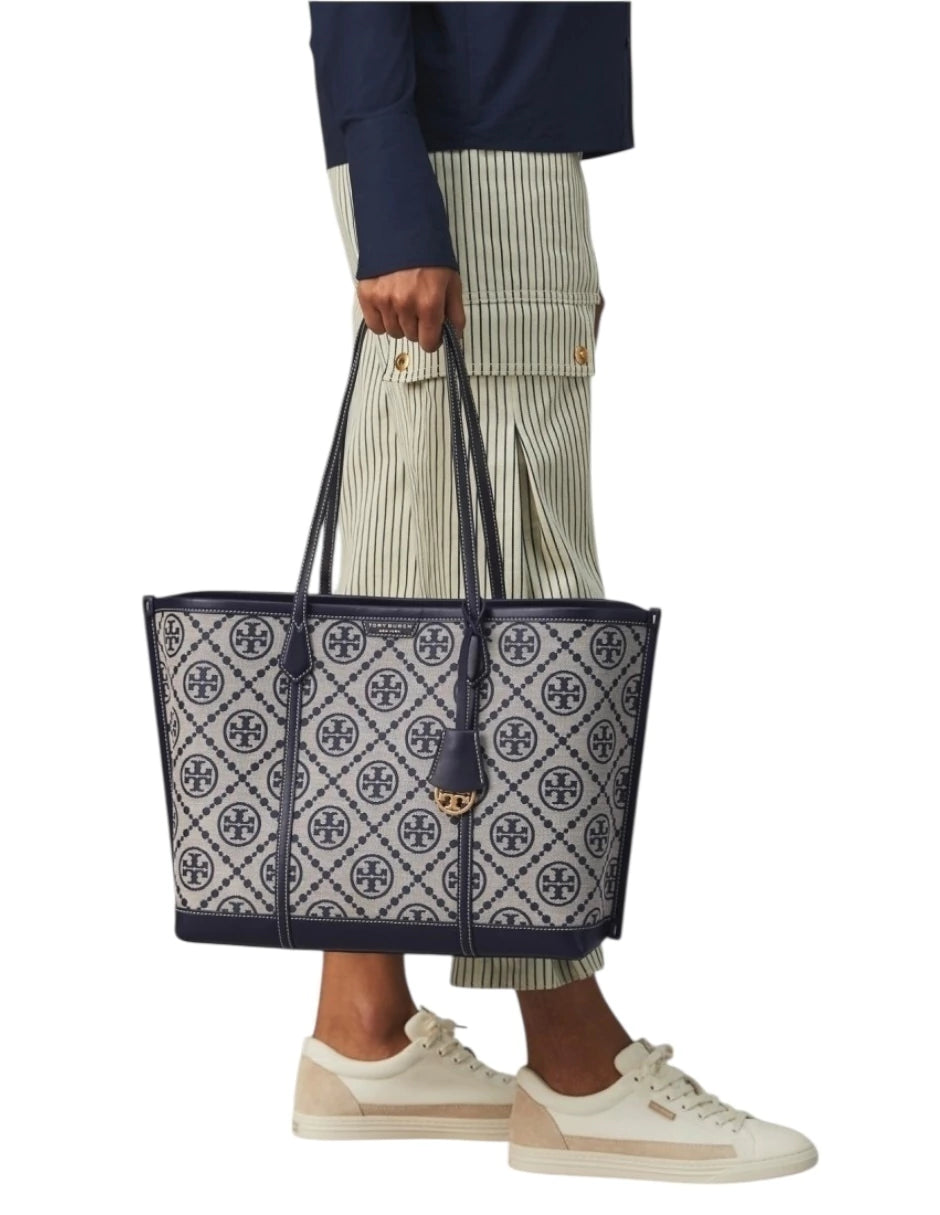 Bolsa Tote Tory Burch Mediana Perry Monogram color azul marino
