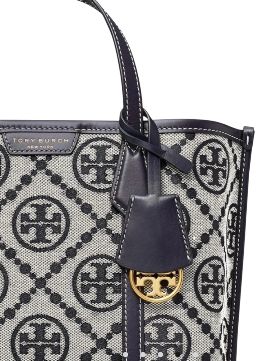Bolsa Tote Tory Burch Chica Perry Monogram color azul marino