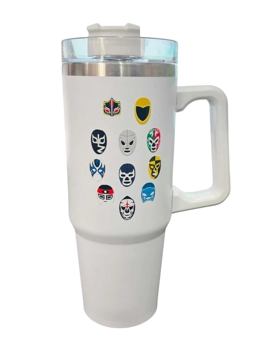 Termo de acero inoxidable color blanco Luchadores