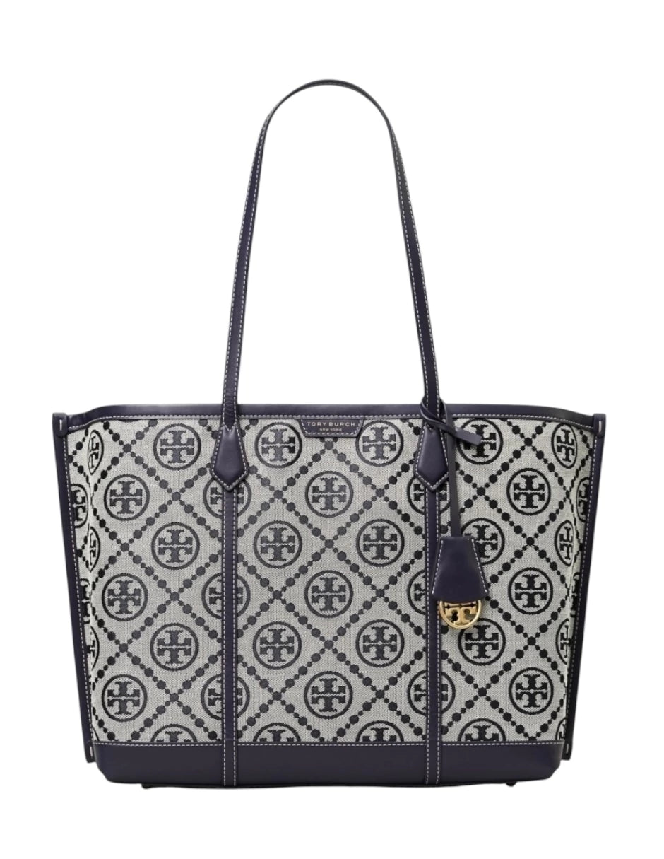 Bolsa Tote Tory Burch Mediana Perry Monogram color azul marino