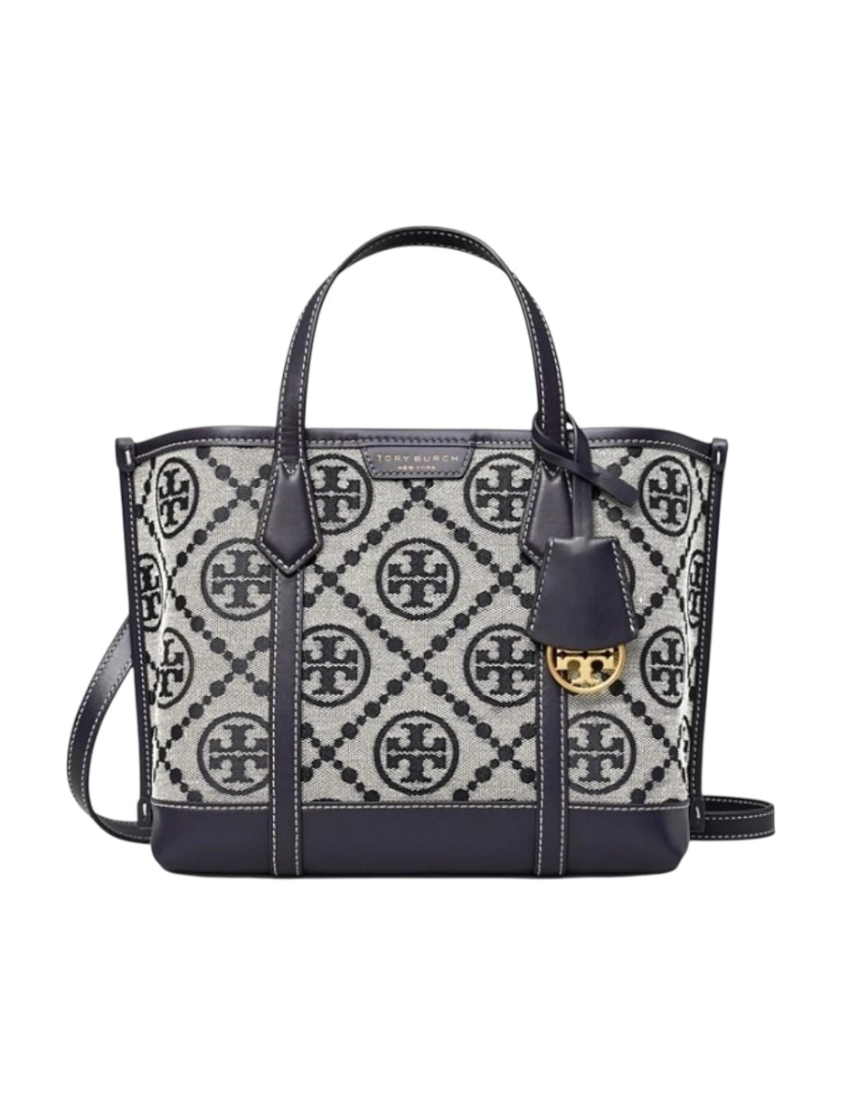 Bolsa Tote Tory Burch Chica Perry Monogram color azul marino
