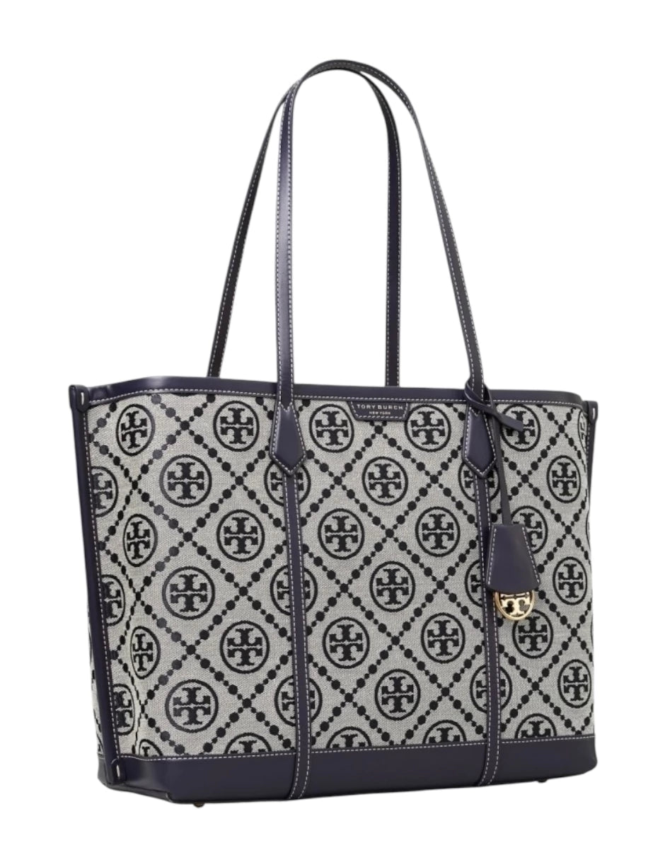 Bolsa Tote Tory Burch Mediana Perry Monogram color azul marino