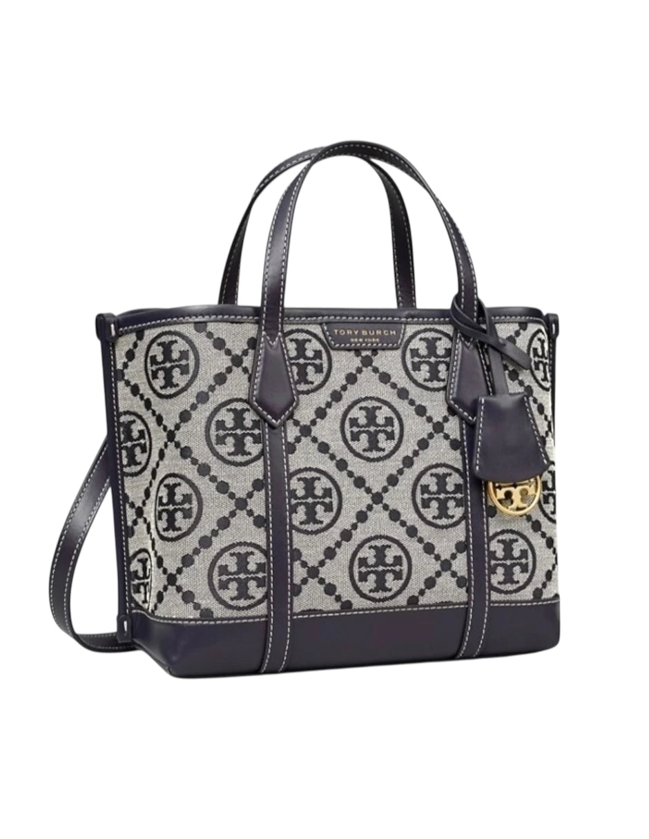 Bolsa Tote Tory Burch Chica Perry Monogram color azul marino