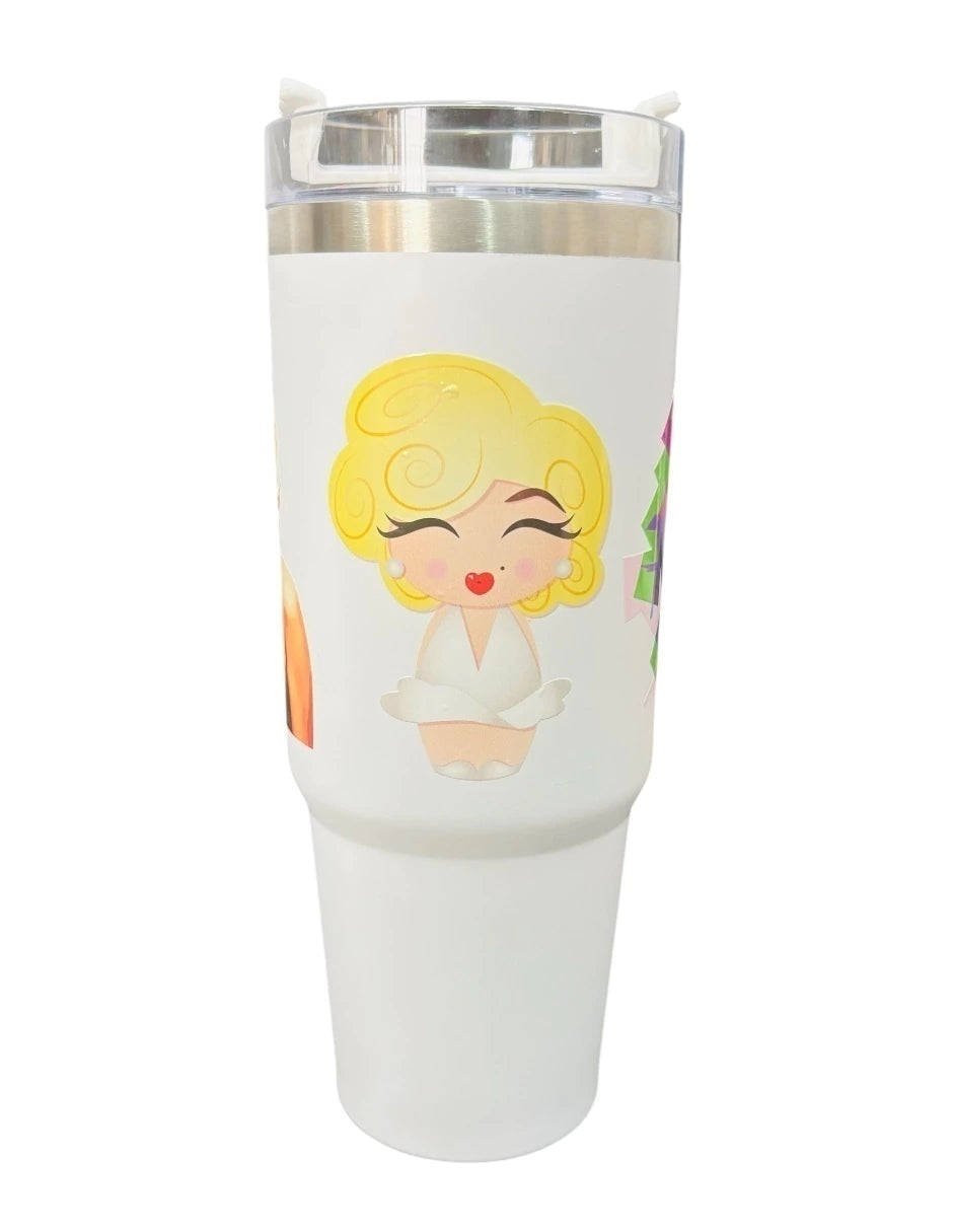 Termo de acero inoxidable Fartmex color blanco, Marilyn Monroe