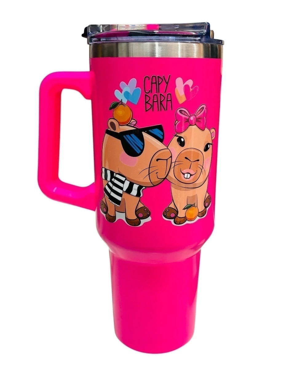 Termo de acero inoxidable Marca Macarena brand color fucsia Capybara