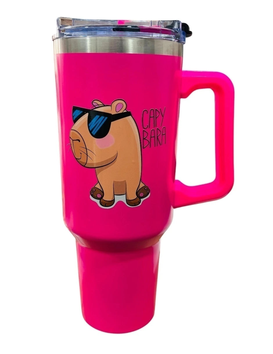 Termo de acero inoxidable Marca Macarena brand color fucsia Capybara