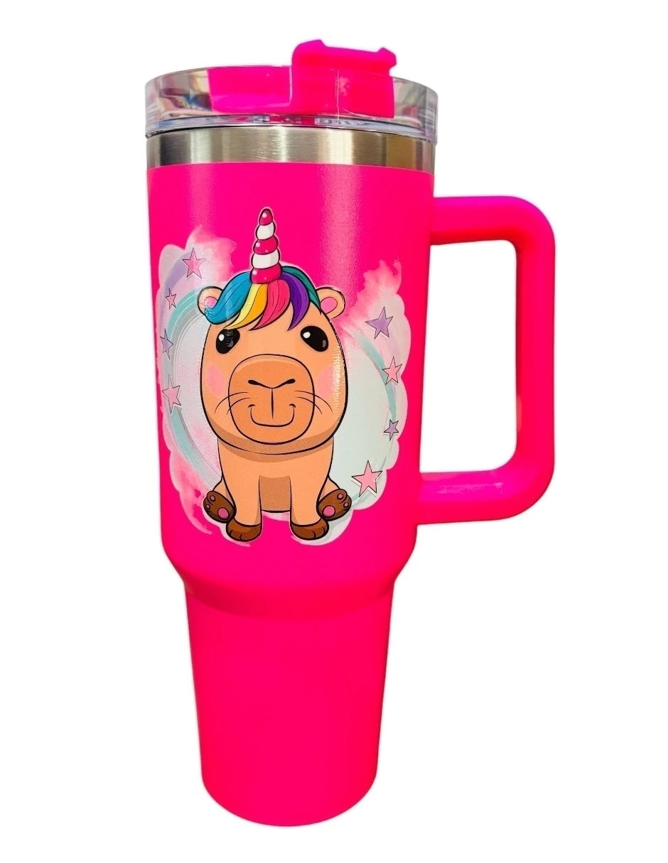 Termo de acero inoxidable Marca Macarena brand color fucsia Capybara