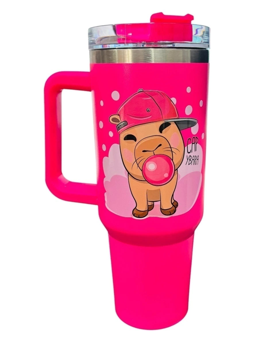Termo de acero inoxidable Marca Macarena brand color fucsia Capybara